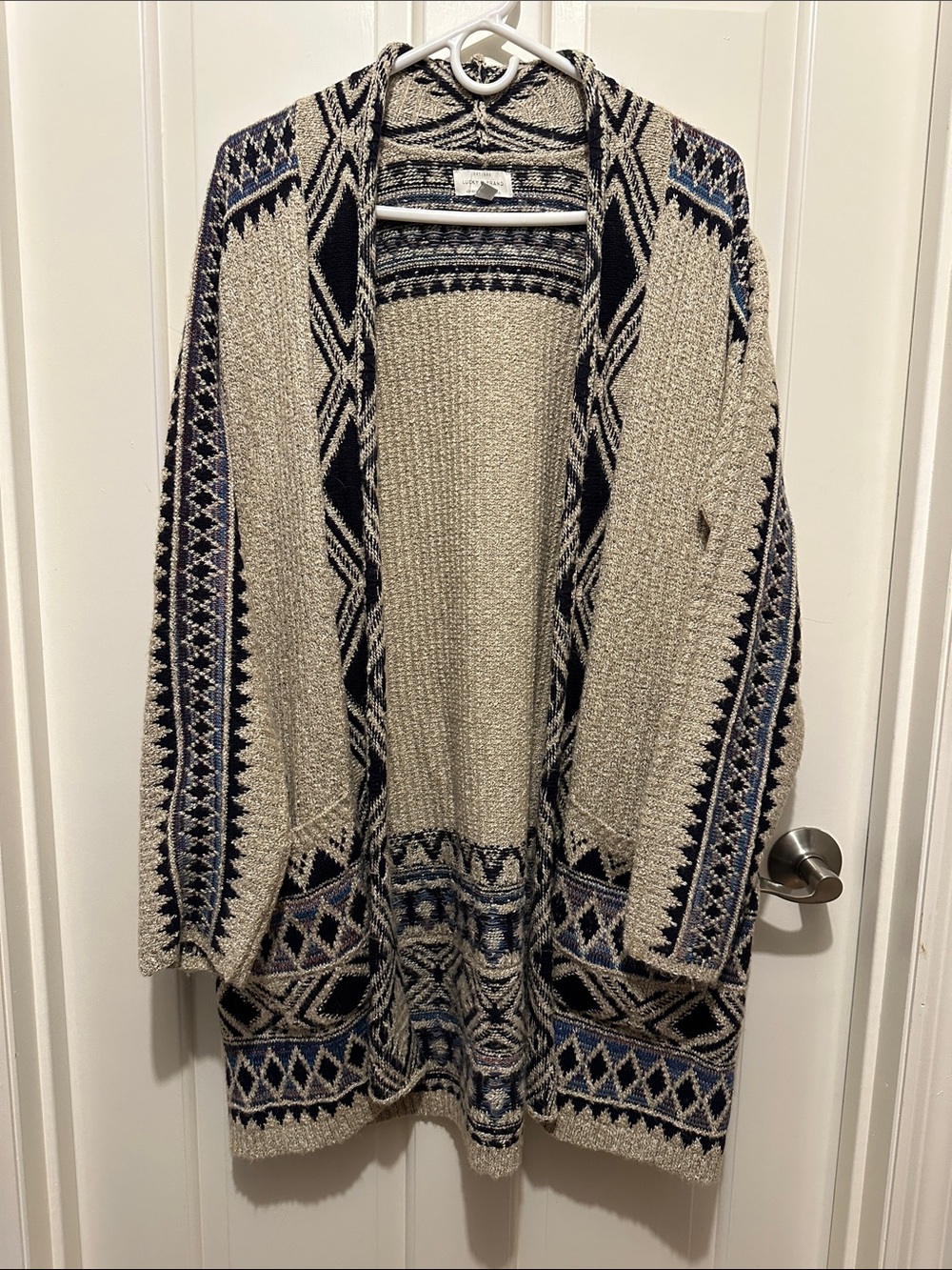 Lucky Brand Cream and Black Open Front Aztec Cardigan with Blue Accents